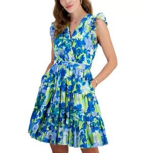 Taylor Women's Printed A-Line V-Neck Dress With Pockets Floral Blue Green 8